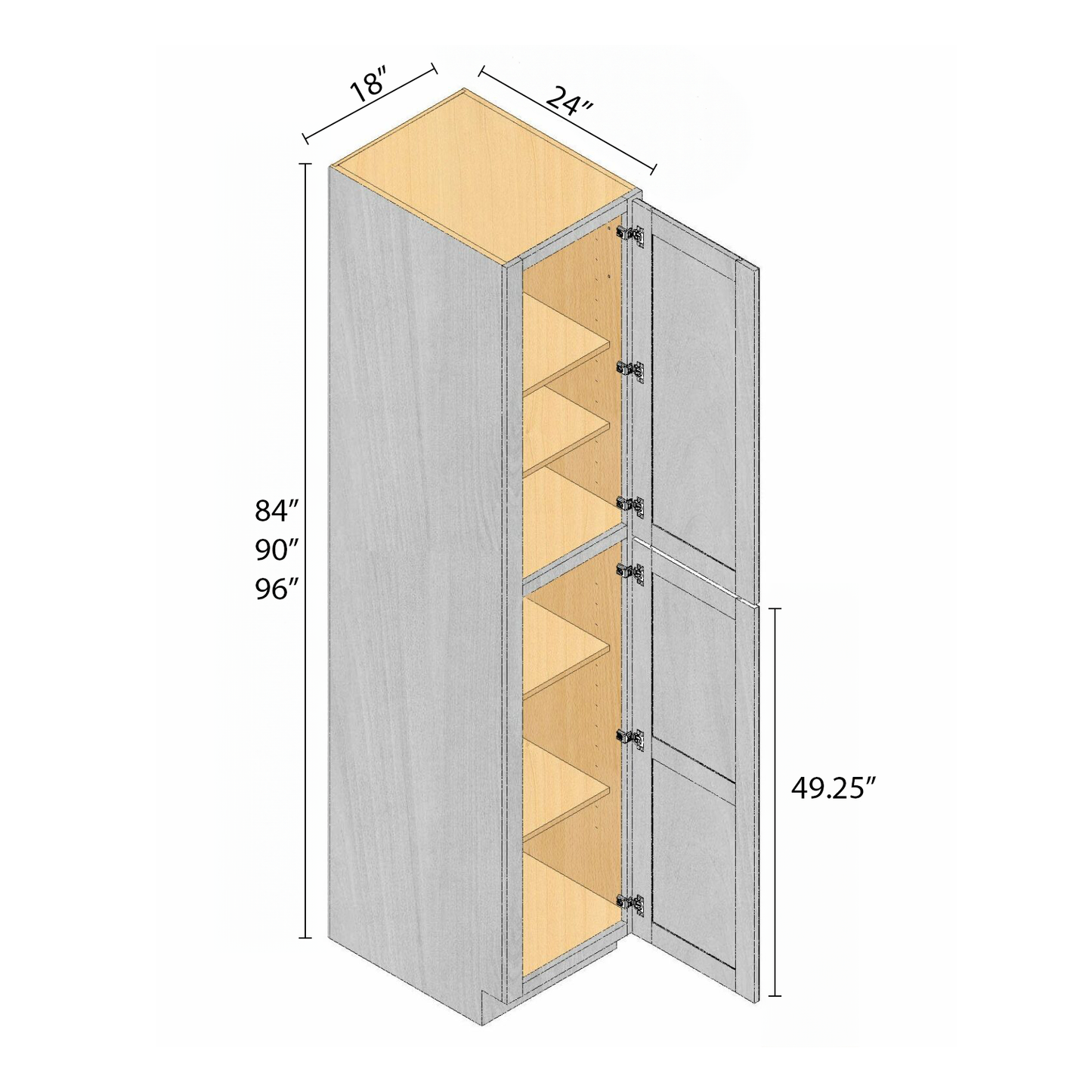 Arbris: W x 18-24 in. H x 84-96 in. | 24 in. One Door Deep Pantry Cabinet | Ready-to-Assemble